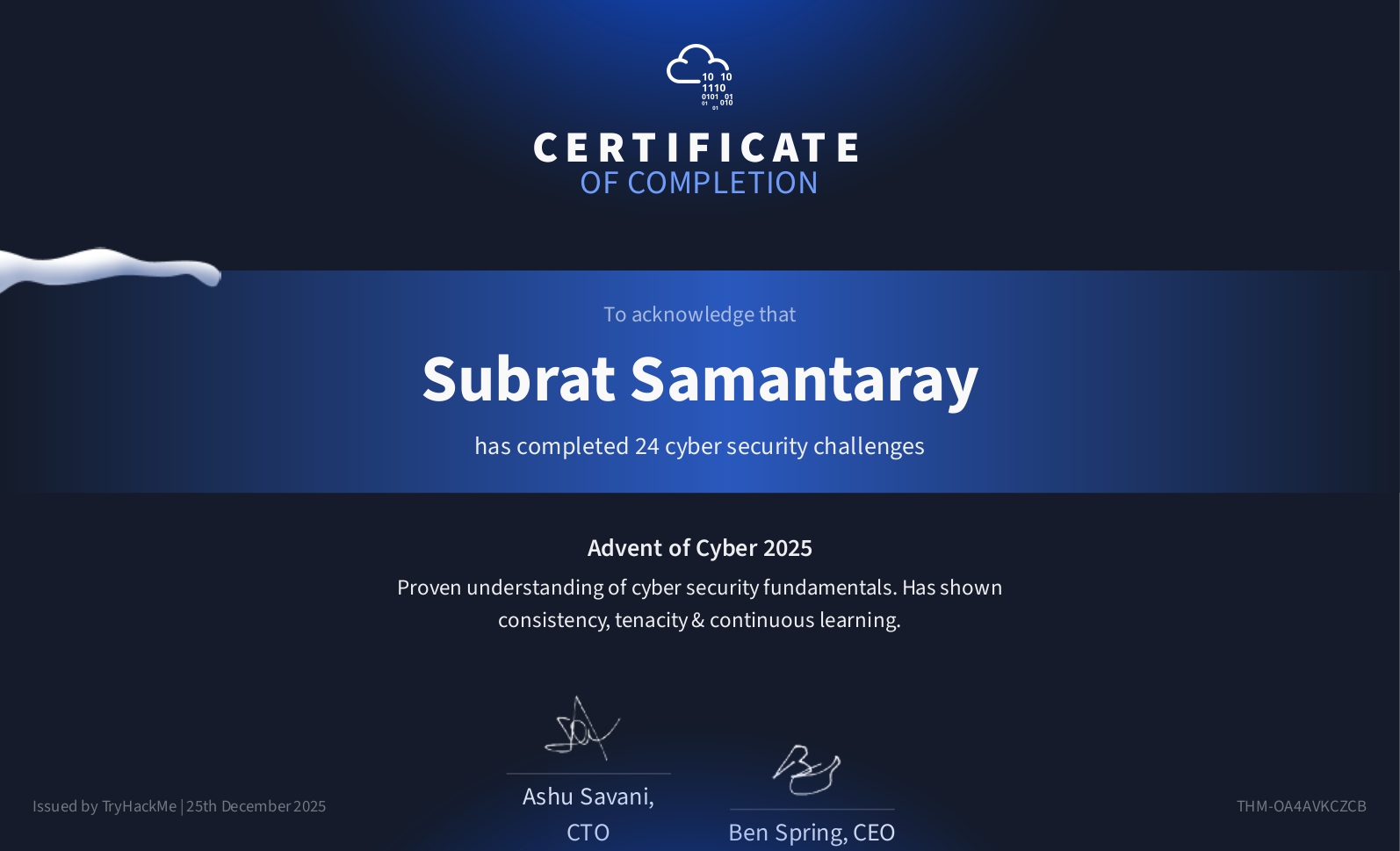 Advent of Cyber Certificate