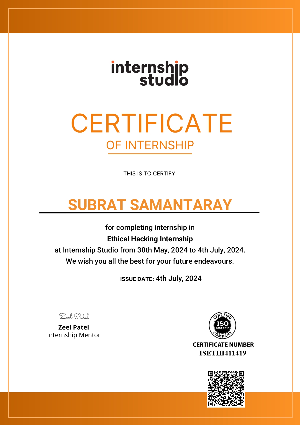 Cybersecurity Internship Certificate