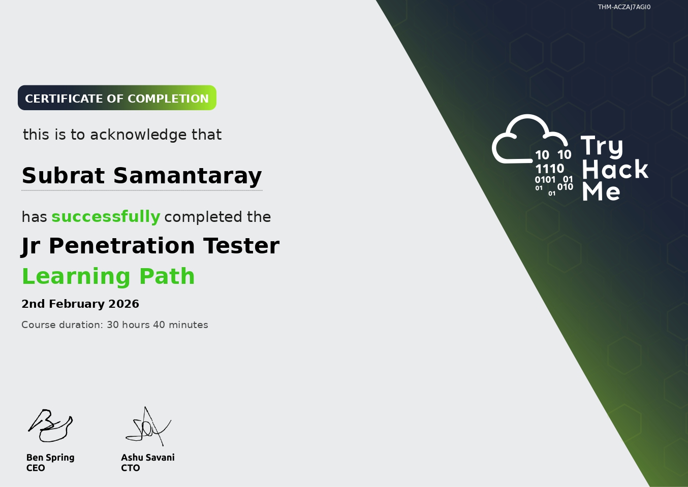 Jr Penetration Tester Certificate